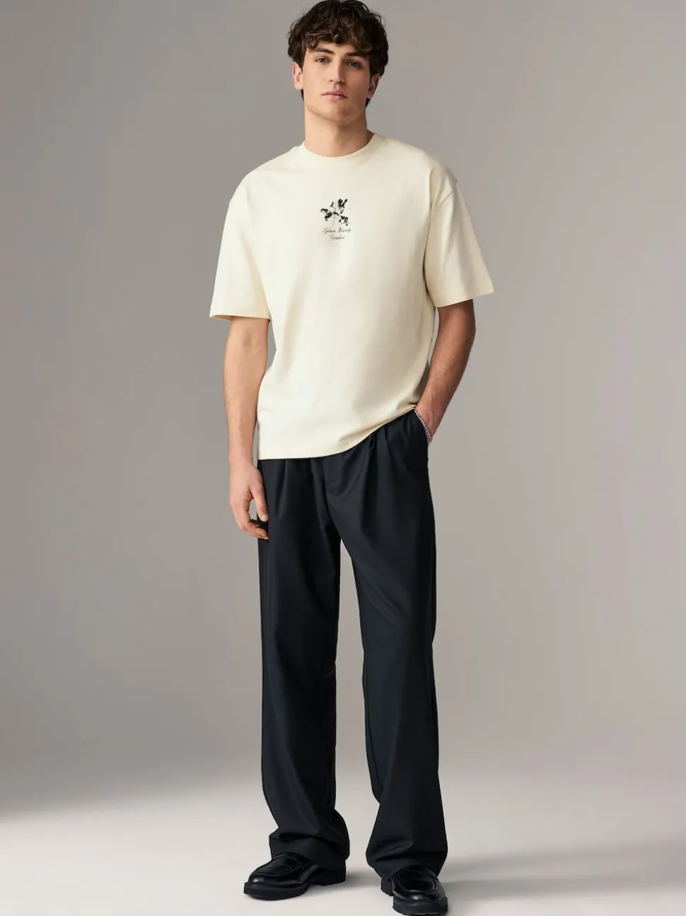 Ecru Floral Relaxed Fit Graphic Print Heavy Weight T-Shirt