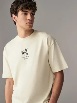 Ecru Floral Relaxed Fit Graphic Print Heavy Weight T-Shirt