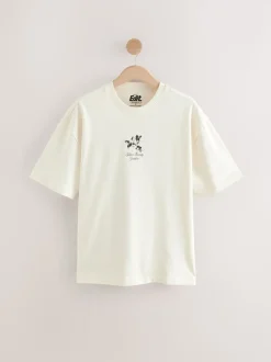 Ecru Floral Relaxed Fit Graphic Print Heavy Weight T-Shirt