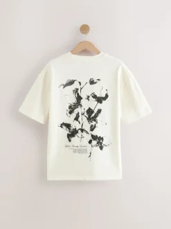 Ecru Floral Relaxed Fit Graphic Print Heavy Weight T-Shirt