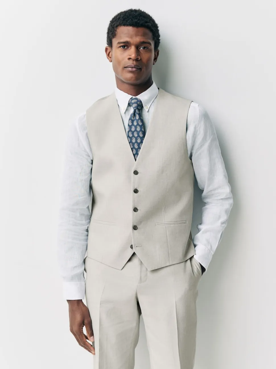 Ecru Linen Blend Texture Suit Waistcoat