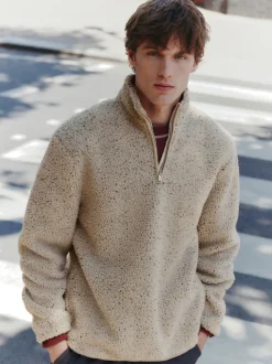 Ecru Marl Nep Borg Quarter Zip Neck Funnel Fleece