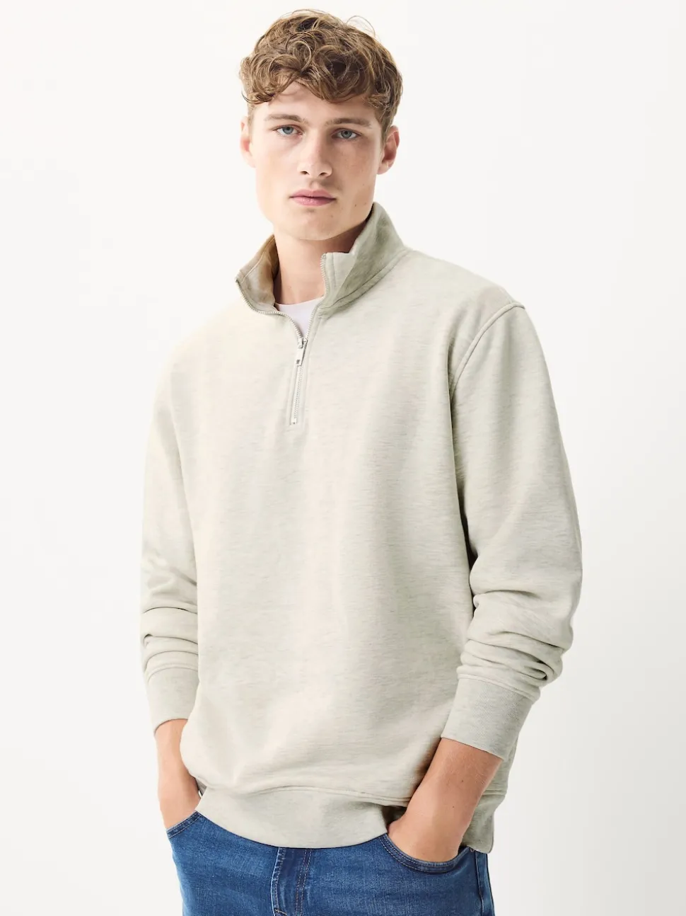 Ecru Marl Quarter Zip Cotton Rich Jersey Sweatshirt