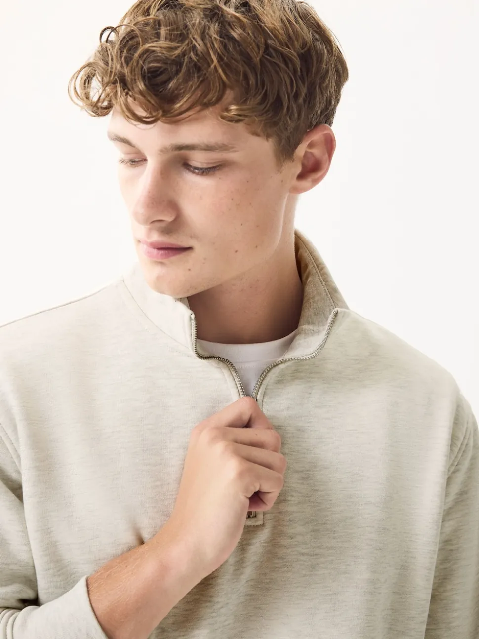 Ecru Marl Quarter Zip Cotton Rich Jersey Sweatshirt