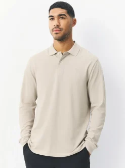 Ecru Oatmeal Regular Fit Long Sleeve Pique Polo Shirt