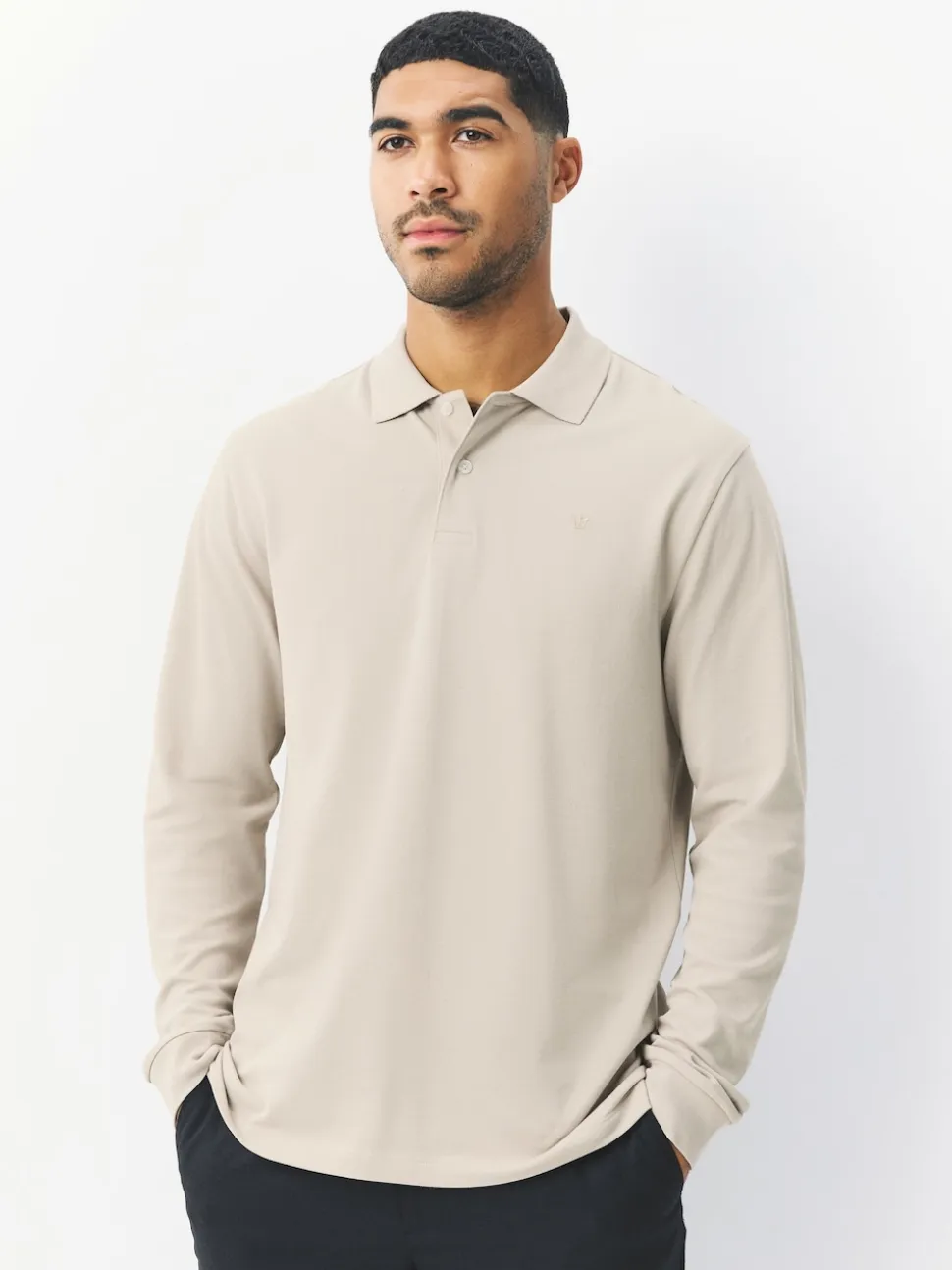 Ecru Oatmeal Regular Fit Long Sleeve Pique Polo Shirt