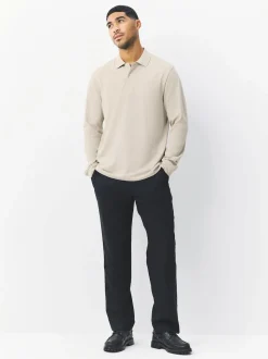 Ecru Oatmeal Regular Fit Long Sleeve Pique Polo Shirt