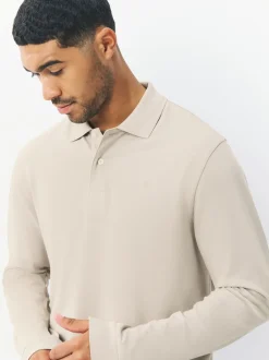 Ecru Oatmeal Regular Fit Long Sleeve Pique Polo Shirt