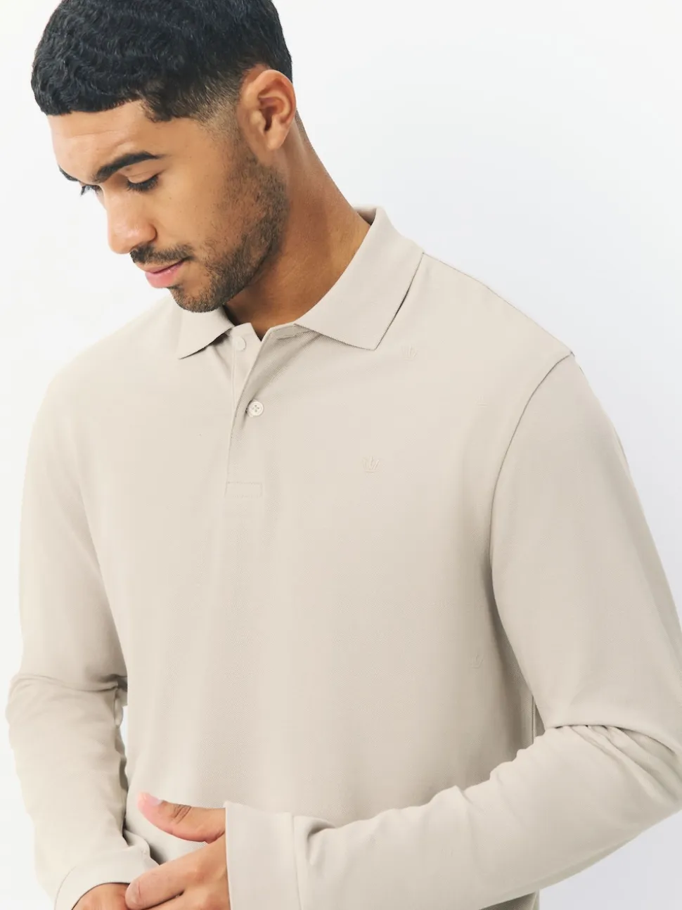 Ecru Oatmeal Regular Fit Long Sleeve Pique Polo Shirt