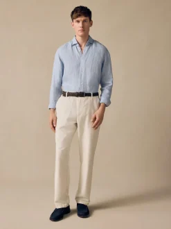 Ecru Regular Fit Smart Linen Cotton Blend Belted Trousers