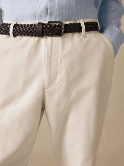 Ecru Regular Fit Smart Linen Cotton Blend Belted Trousers