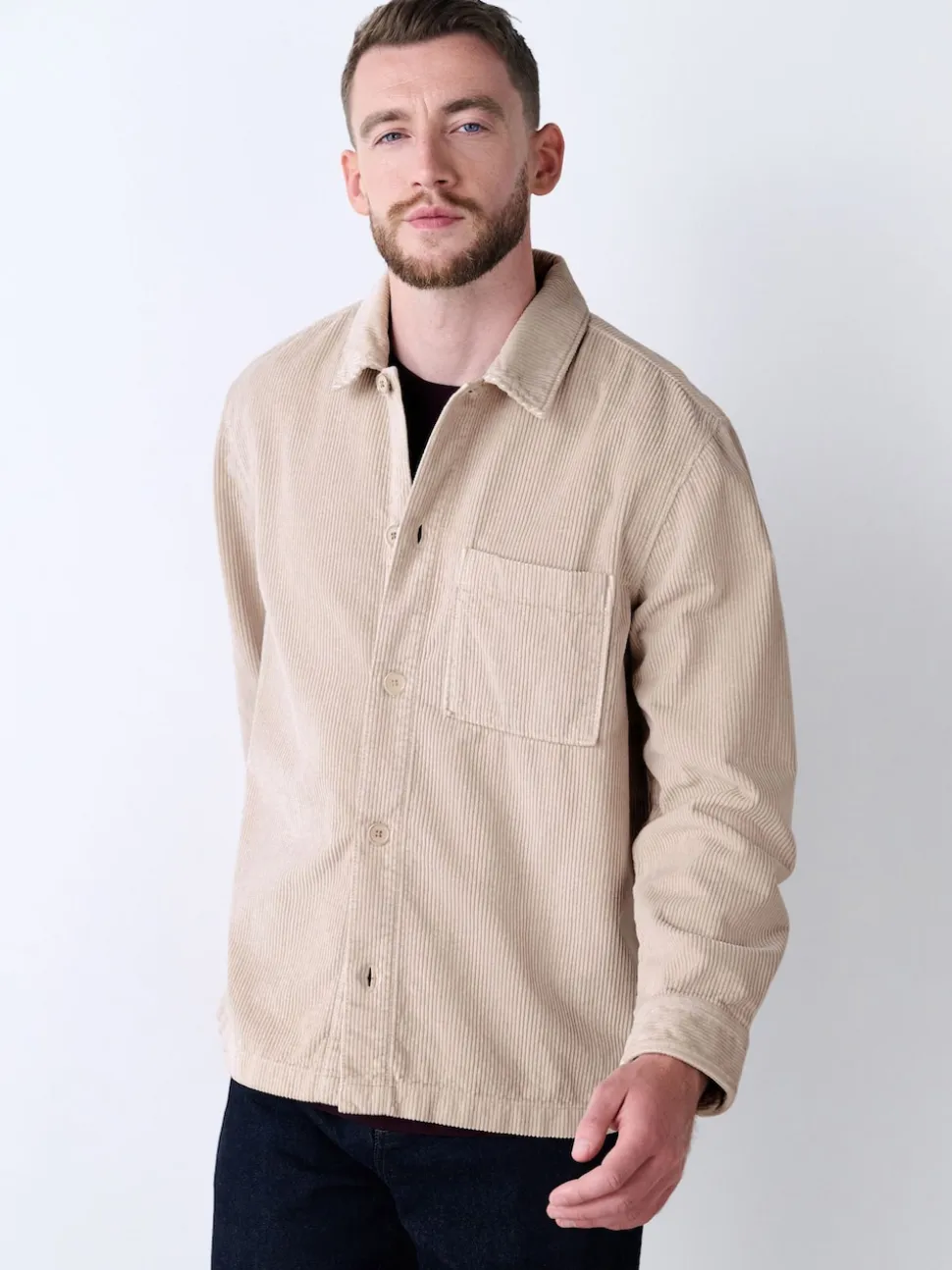 Ecru Single pocket Corduroy Shacket Overshirt