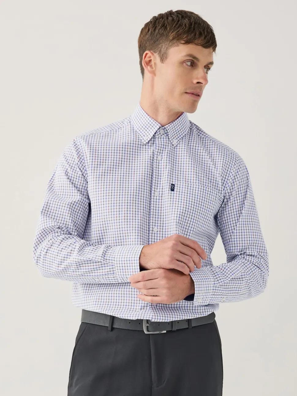 Ecru Tattersall Check Regular Fit Easy Iron Button Down Oxford Shirt