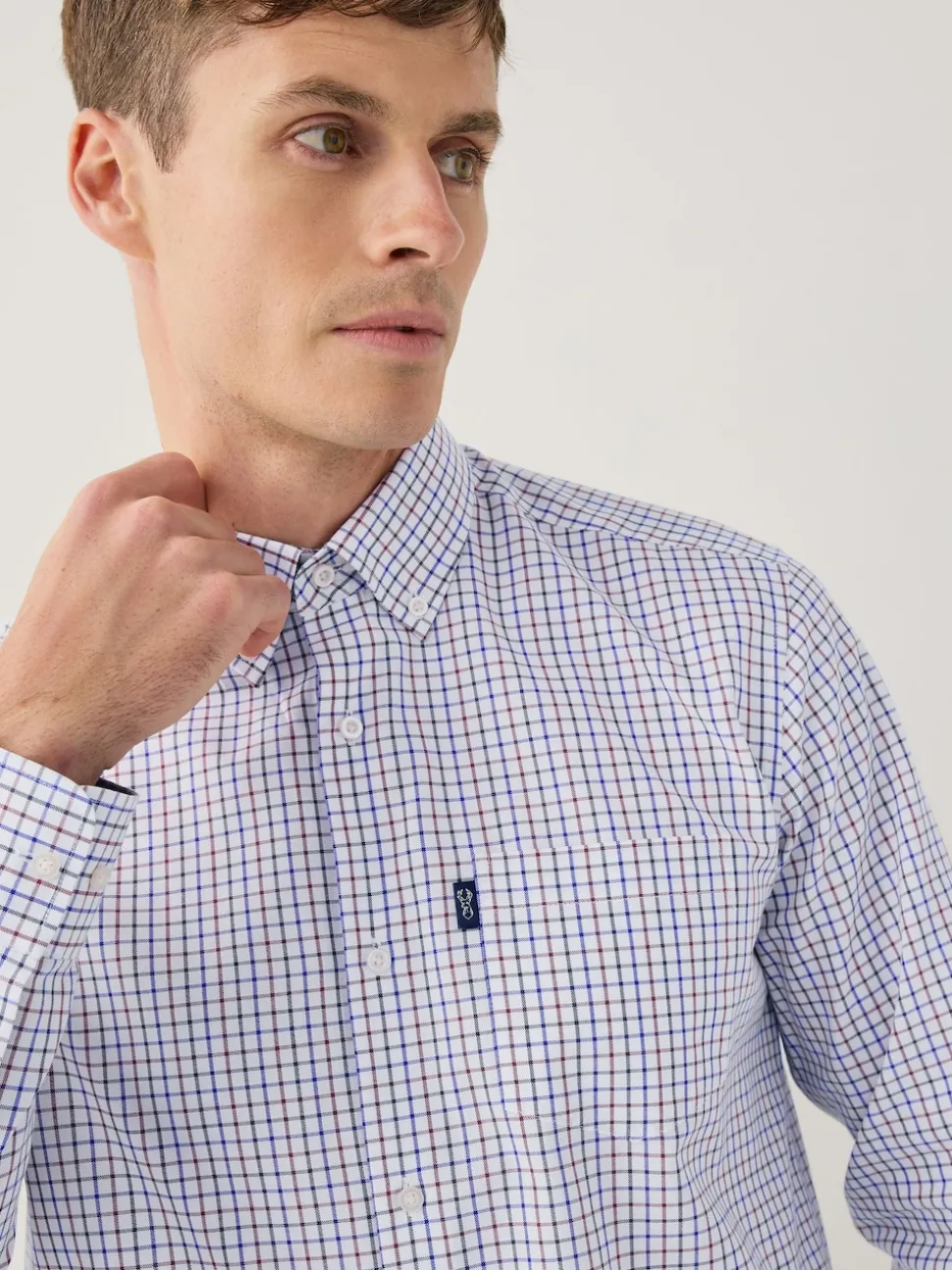Ecru Tattersall Check Regular Fit Easy Iron Button Down Oxford Shirt