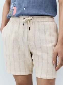 Ecru Textured Stripe Elasticated Waist Shorts