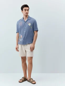 Ecru Textured Stripe Elasticated Waist Shorts
