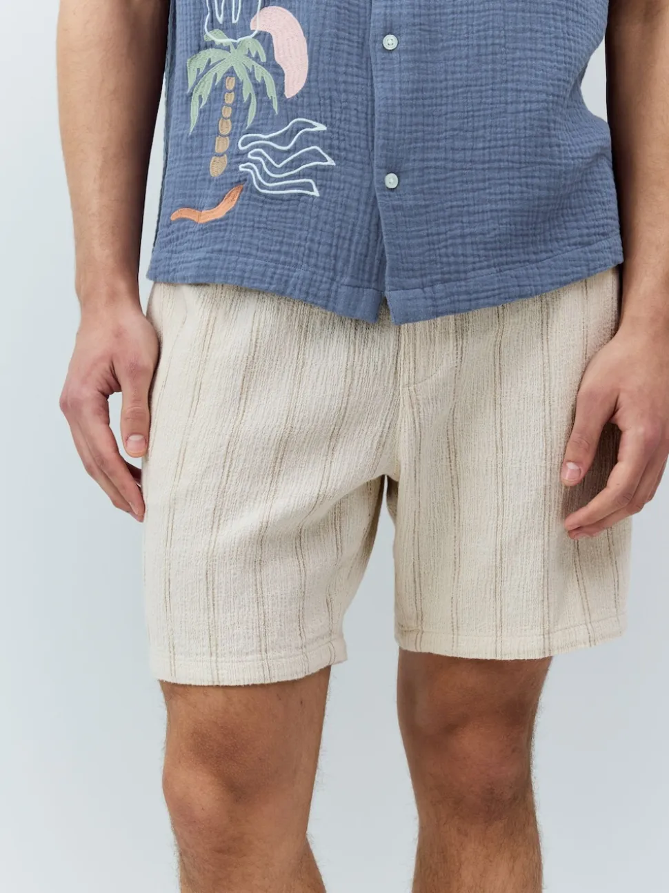 Ecru Textured Stripe Elasticated Waist Shorts