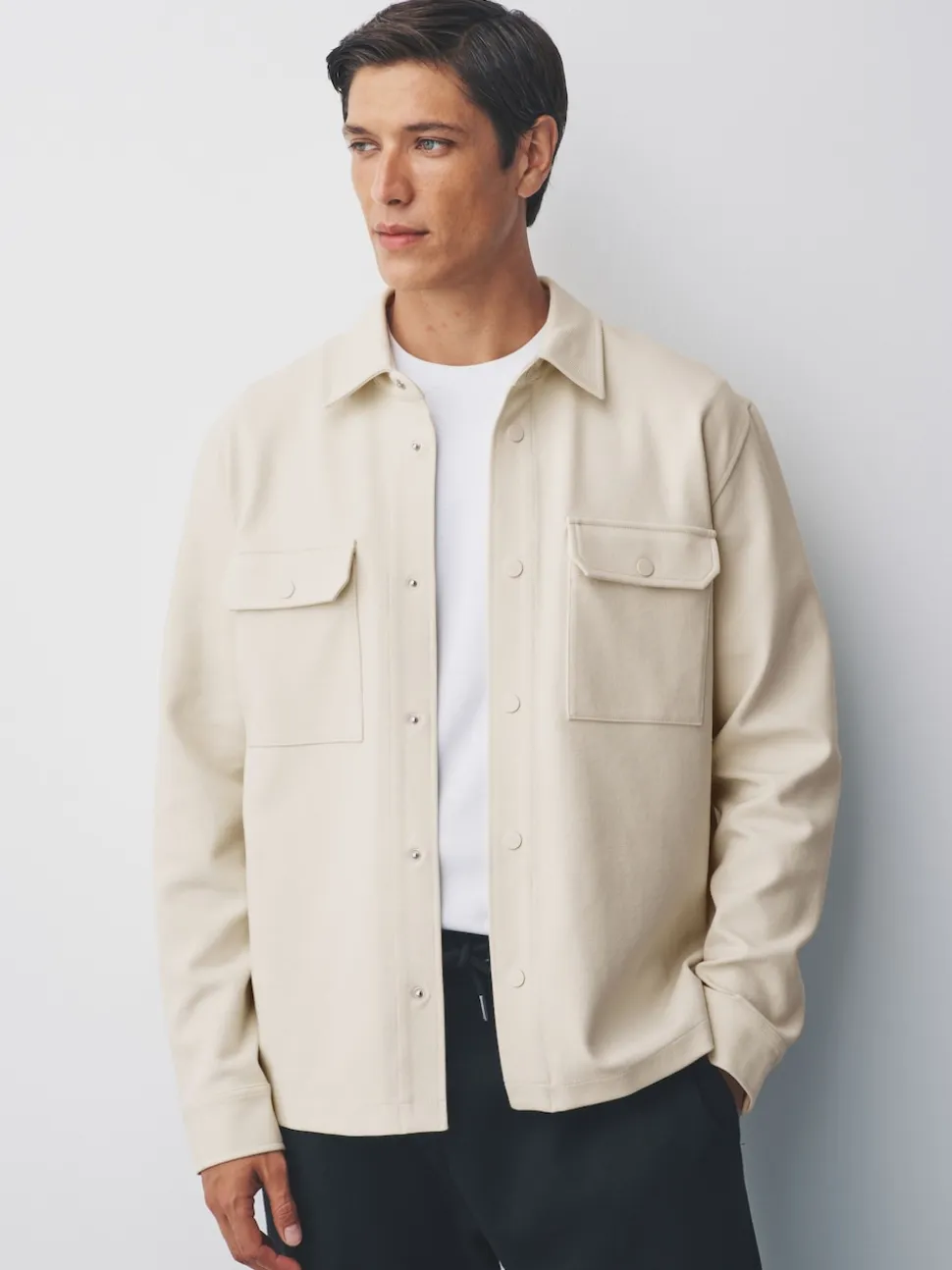 Ecru White Jersey Twill Popper Shacket