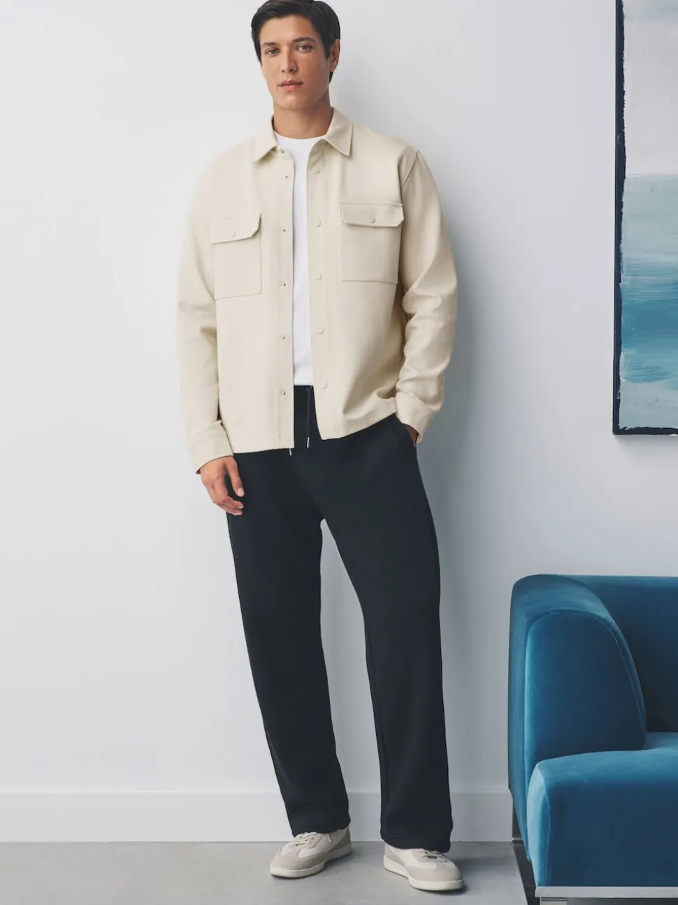 Ecru White Jersey Twill Popper Shacket