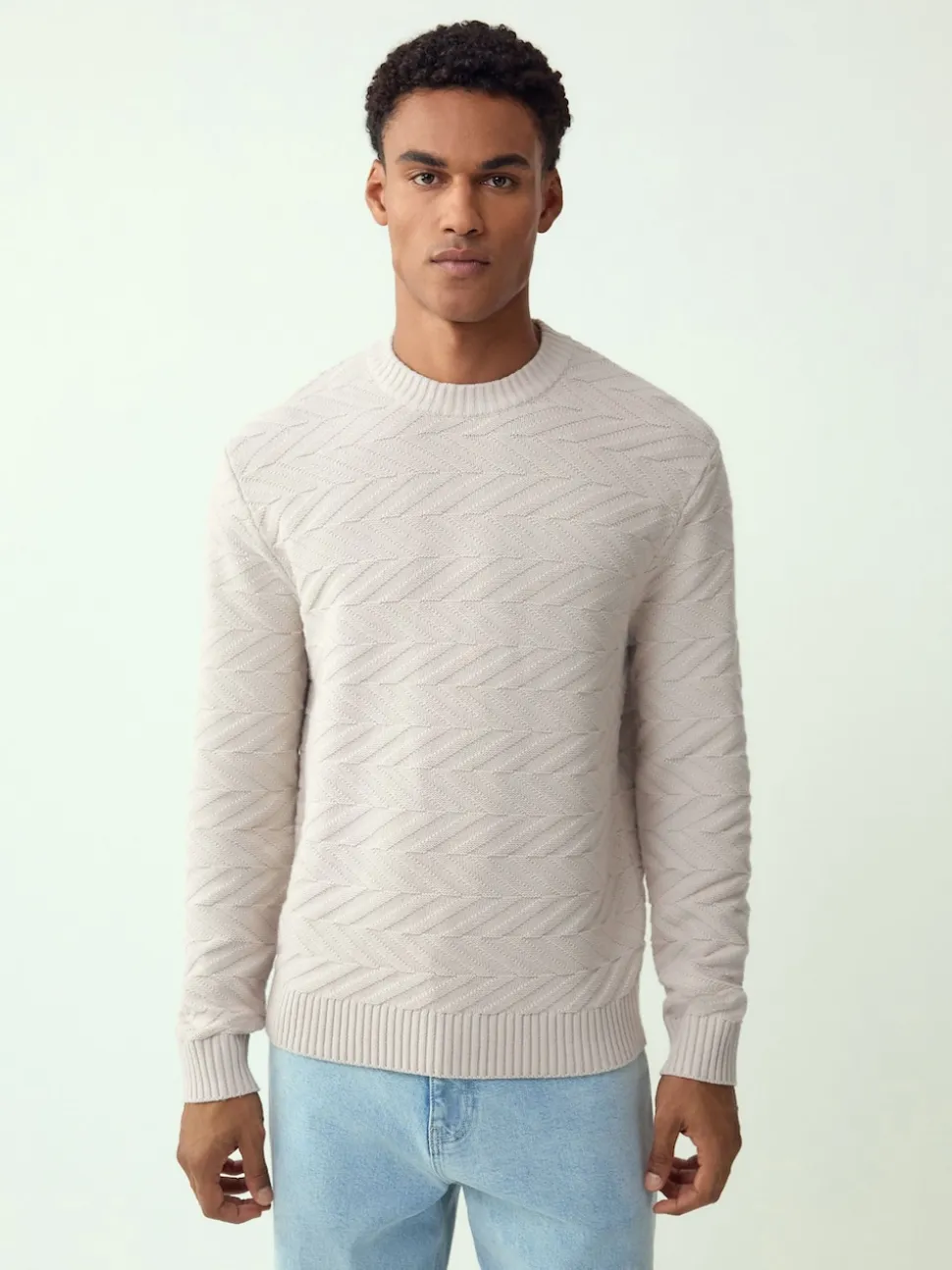Ecru White Regular Fit Cotton Rich Chevron Cable Crew Neck Jumper