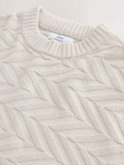 Ecru White Regular Fit Cotton Rich Chevron Cable Crew Neck Jumper