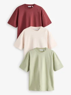 Ecru White/Green/Rust Red Relaxed Fit Heavyweight T-Shirts 3 Pack