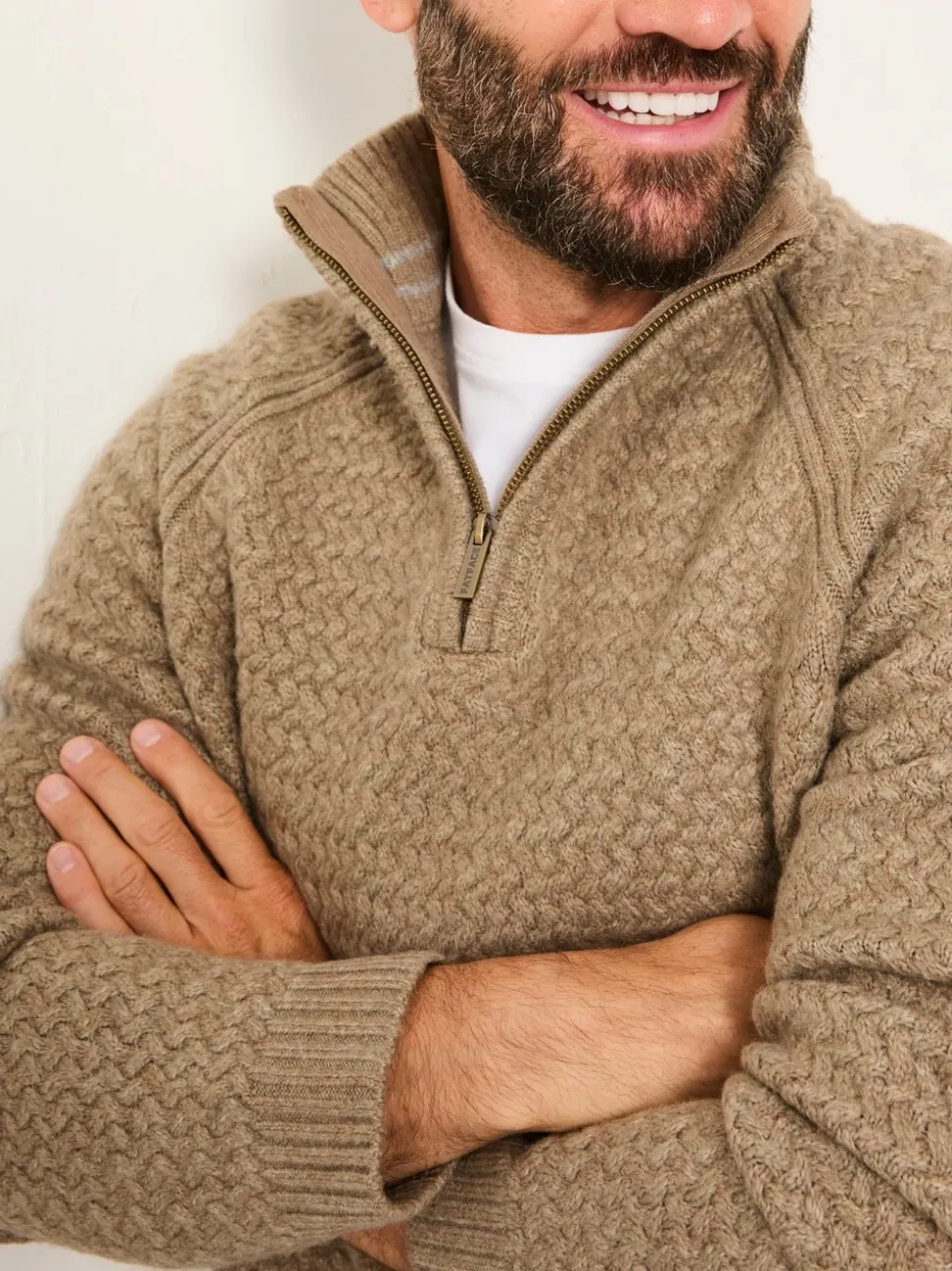 FatFace Calder Dark Natural Half Zip Neck Knitted Jumper