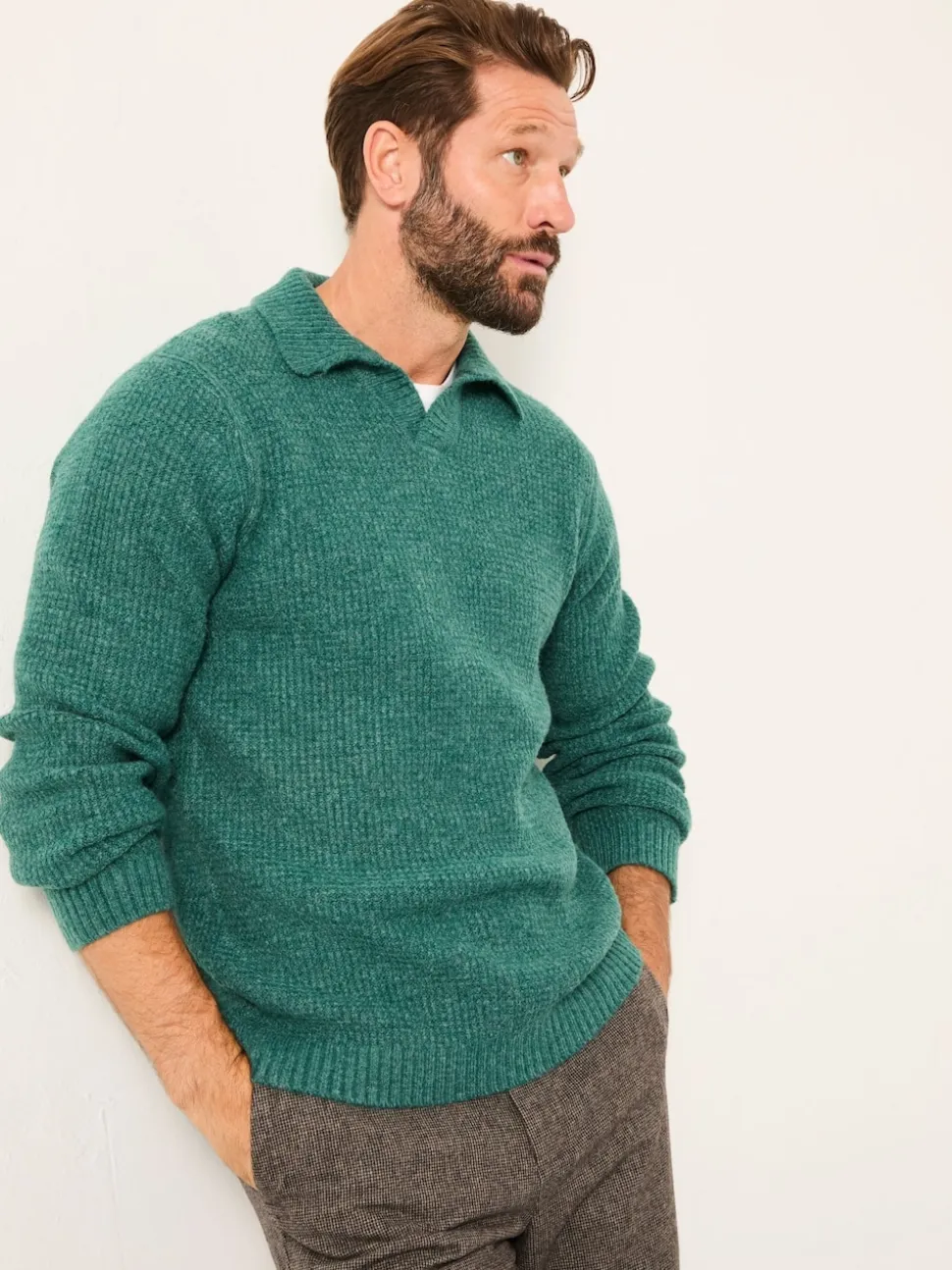 FatFace Calder Emerald Green Split Collar Knitted Jumper