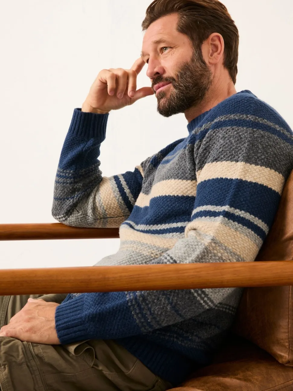 FatFace Calder Navy Stripe Crew Neck Knitted Jumper