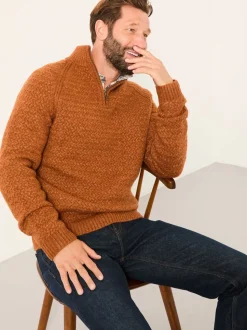 FatFace Calder Rust Brown Half Zip Neck Knitted Jumper