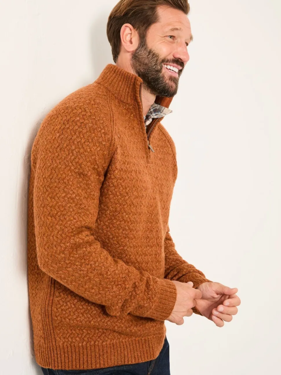 FatFace Calder Rust Brown Half Zip Neck Knitted Jumper