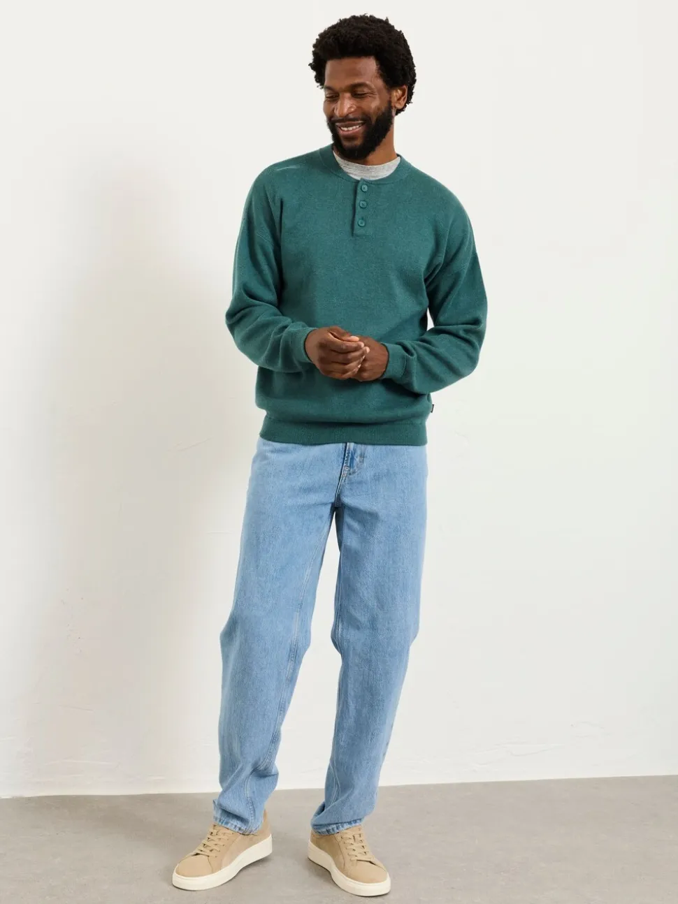 FatFace Helston Jade Green Knitted Crew Neck Henley