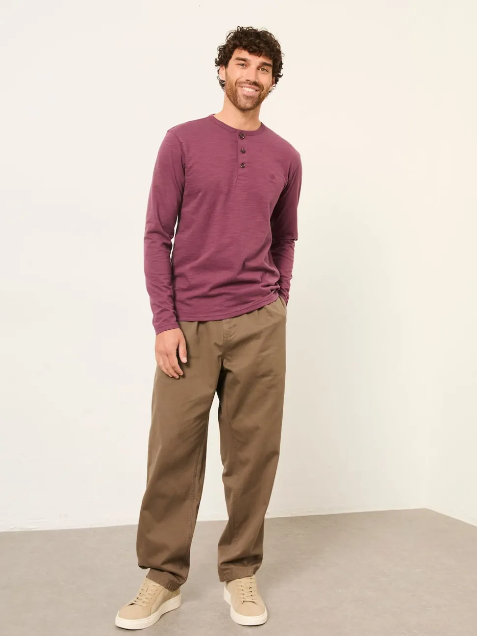 FatFace Henley Purple Long Sleeve Woodside Slub