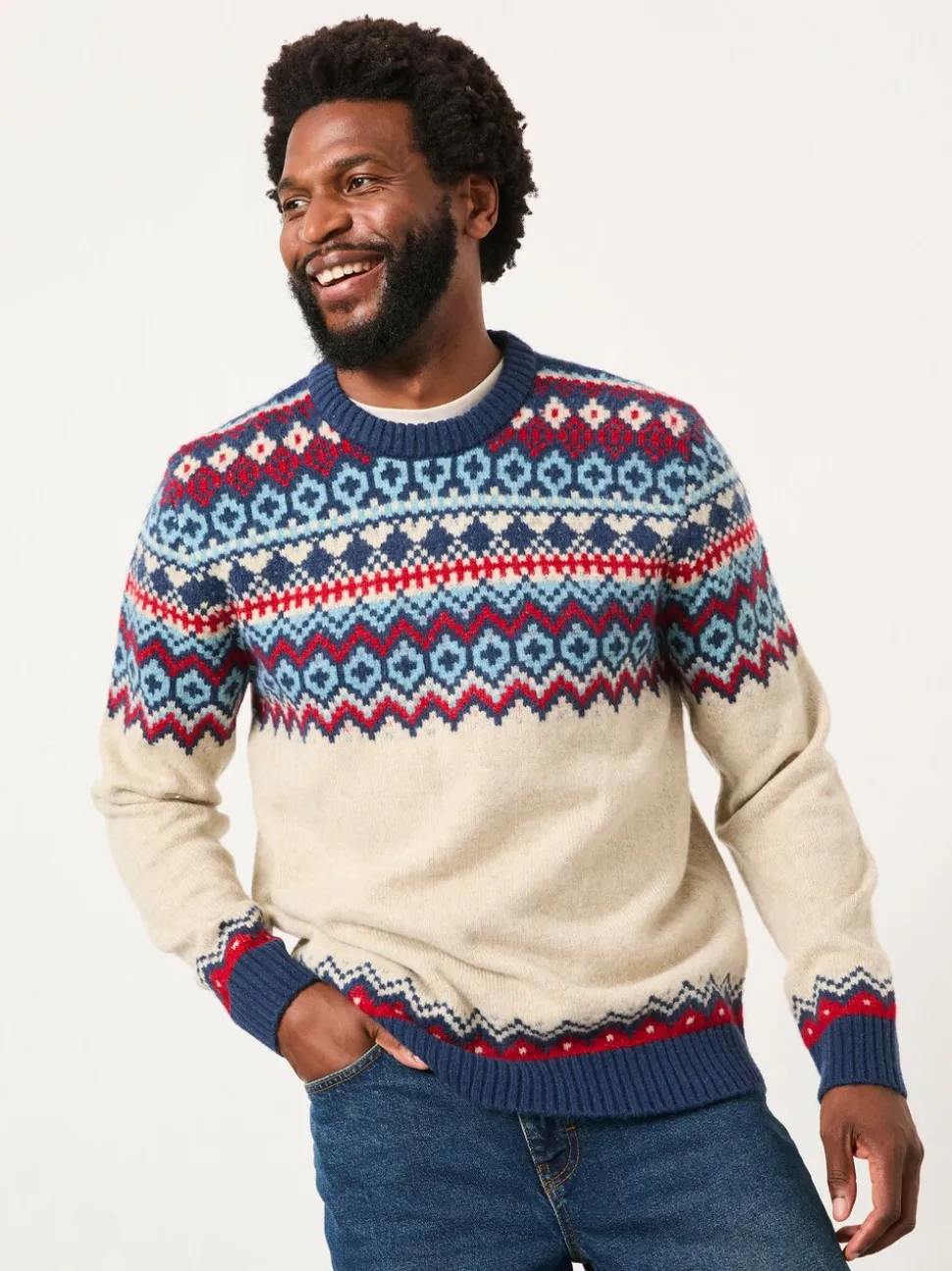 FatFace Hudson Natural Knitted Fairisle Crew Jumper
