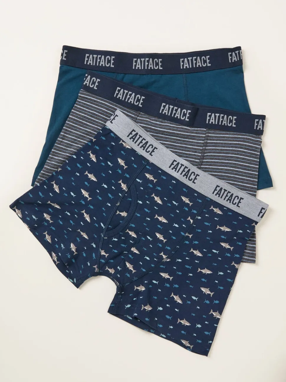 FatFace Navy 3 Pack Shark Boxers