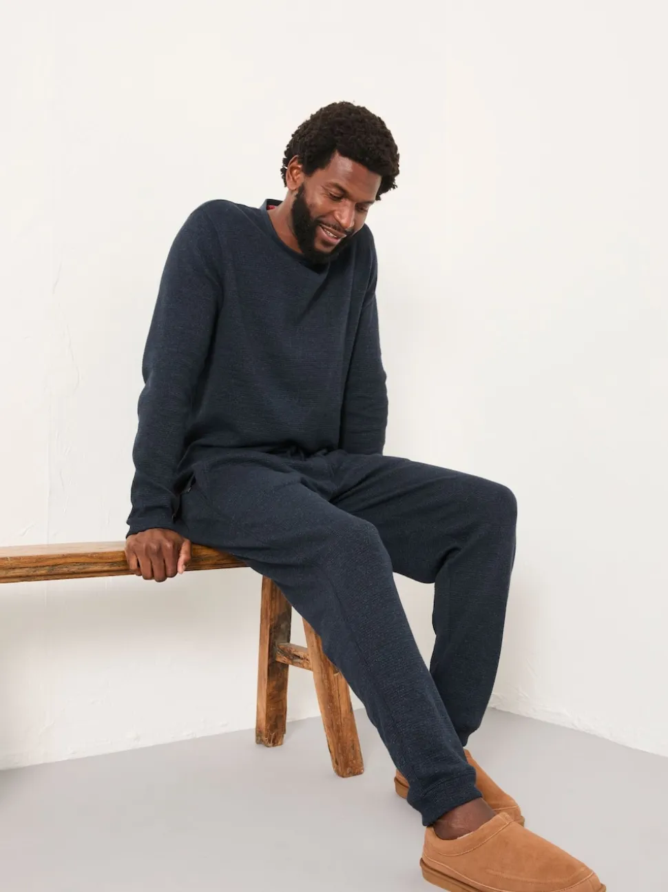 FatFace Navy Textured Long Sleeve Crew T-Shirt