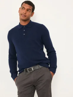 FatFace Row Navy Textured Knitted Button Polo