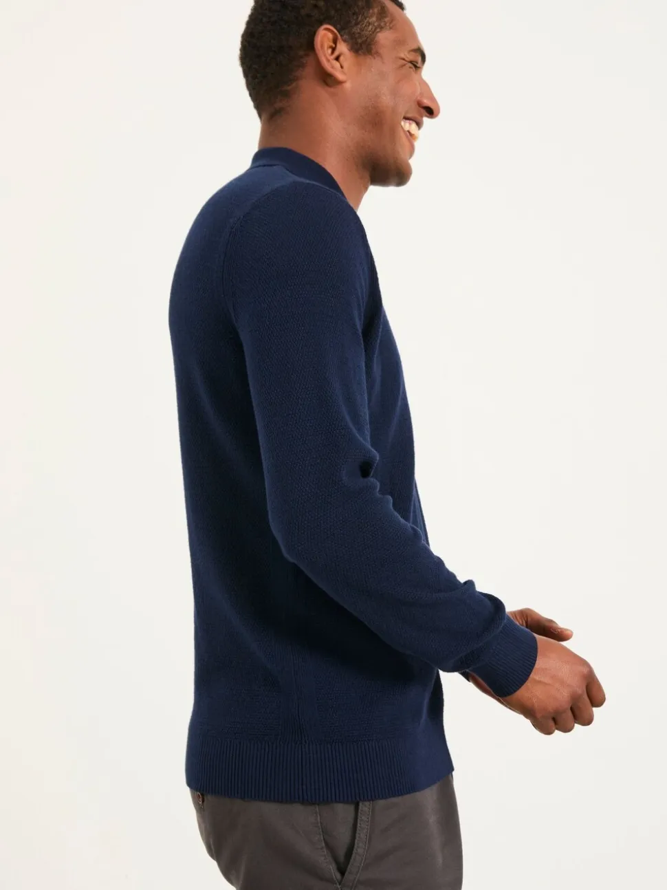 FatFace Row Navy Textured Knitted Button Polo