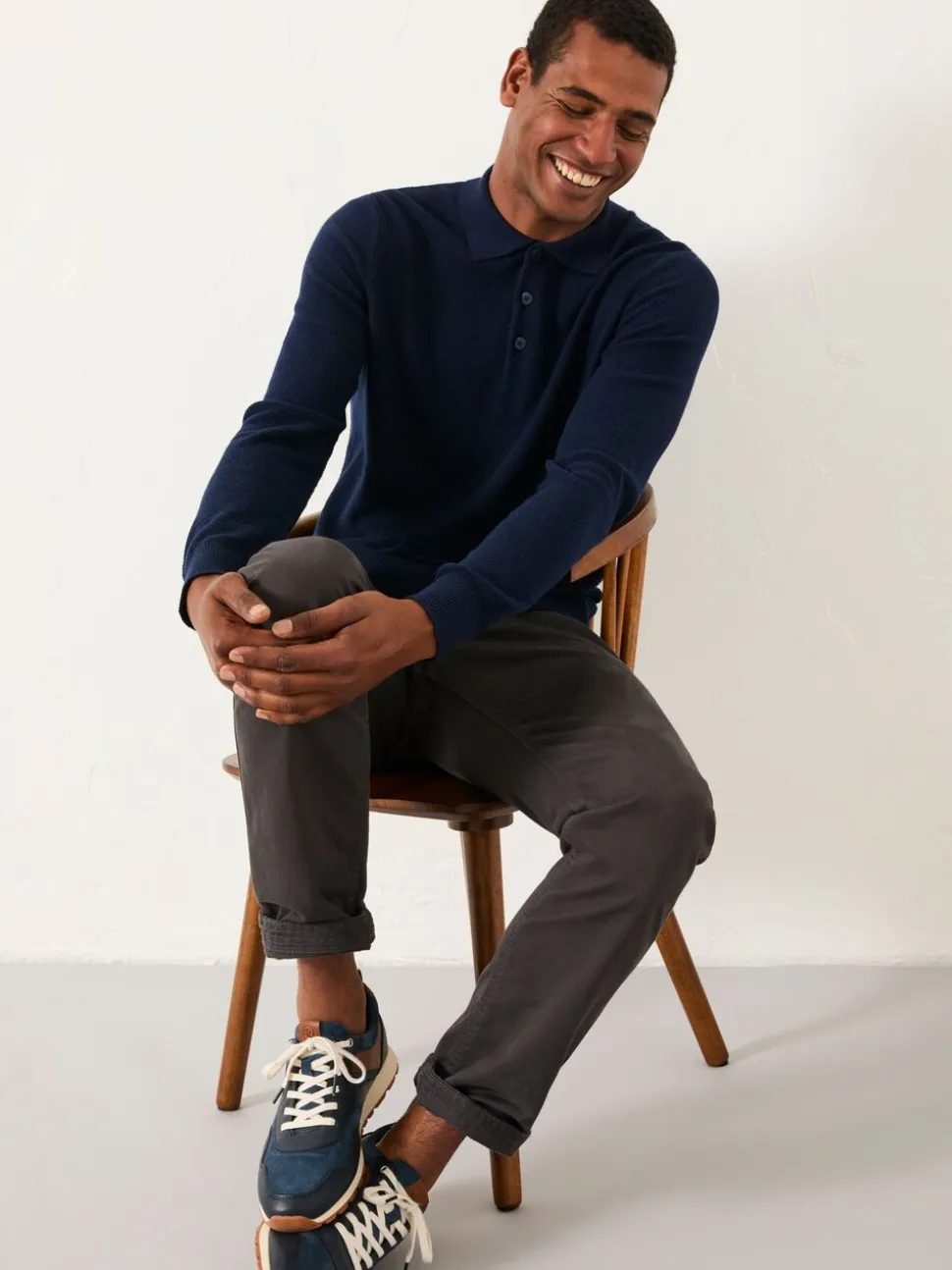 FatFace Row Navy Textured Knitted Button Polo