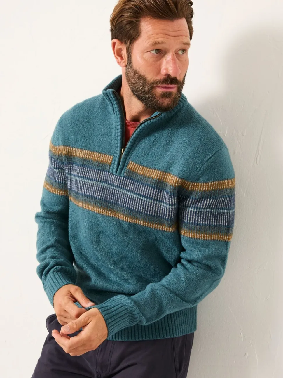 FatFace Runswick Teal Blue Half Zip Neck Knitted Jumper
