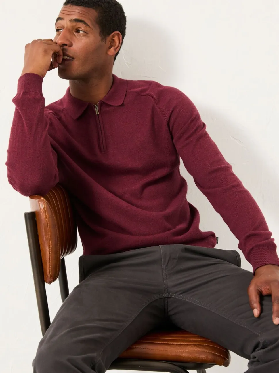 FatFace Rye Claret Zip Collar Knitted Polo Jumper