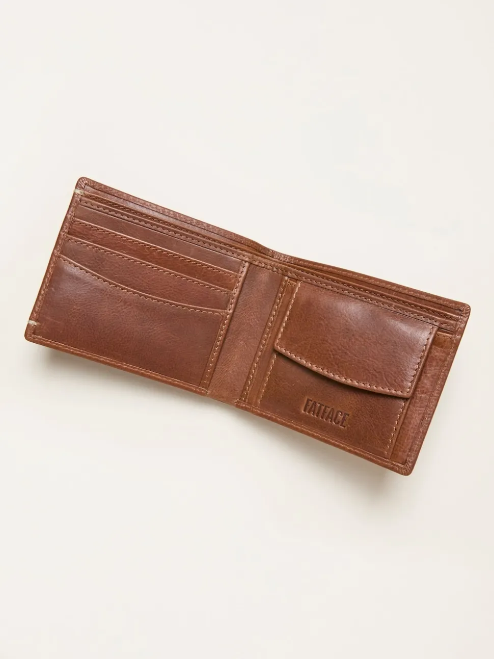 FatFace Tan Brown Corner Stitch Detail Leather Wallet