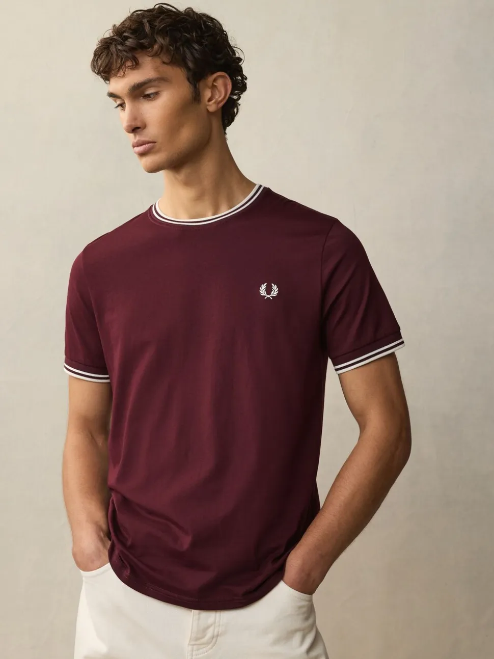 Fred Perry Burgundy Red Fred Perry Twin Tipped Logo T-Shirt