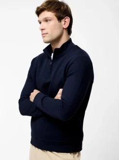 French Connection Blue Cotton Blend ¼ Zip Side Pockets Jumper