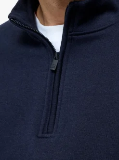 French Connection Blue Cotton Blend ¼ Zip Side Pockets Jumper