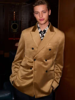 gold Regular Fit Double Breasted Velvet Blazer