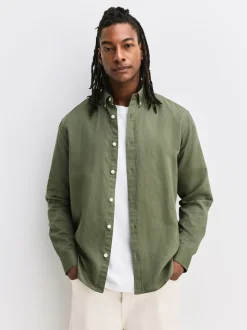 Green Cotton Linen Blend Long Sleeve Shirt