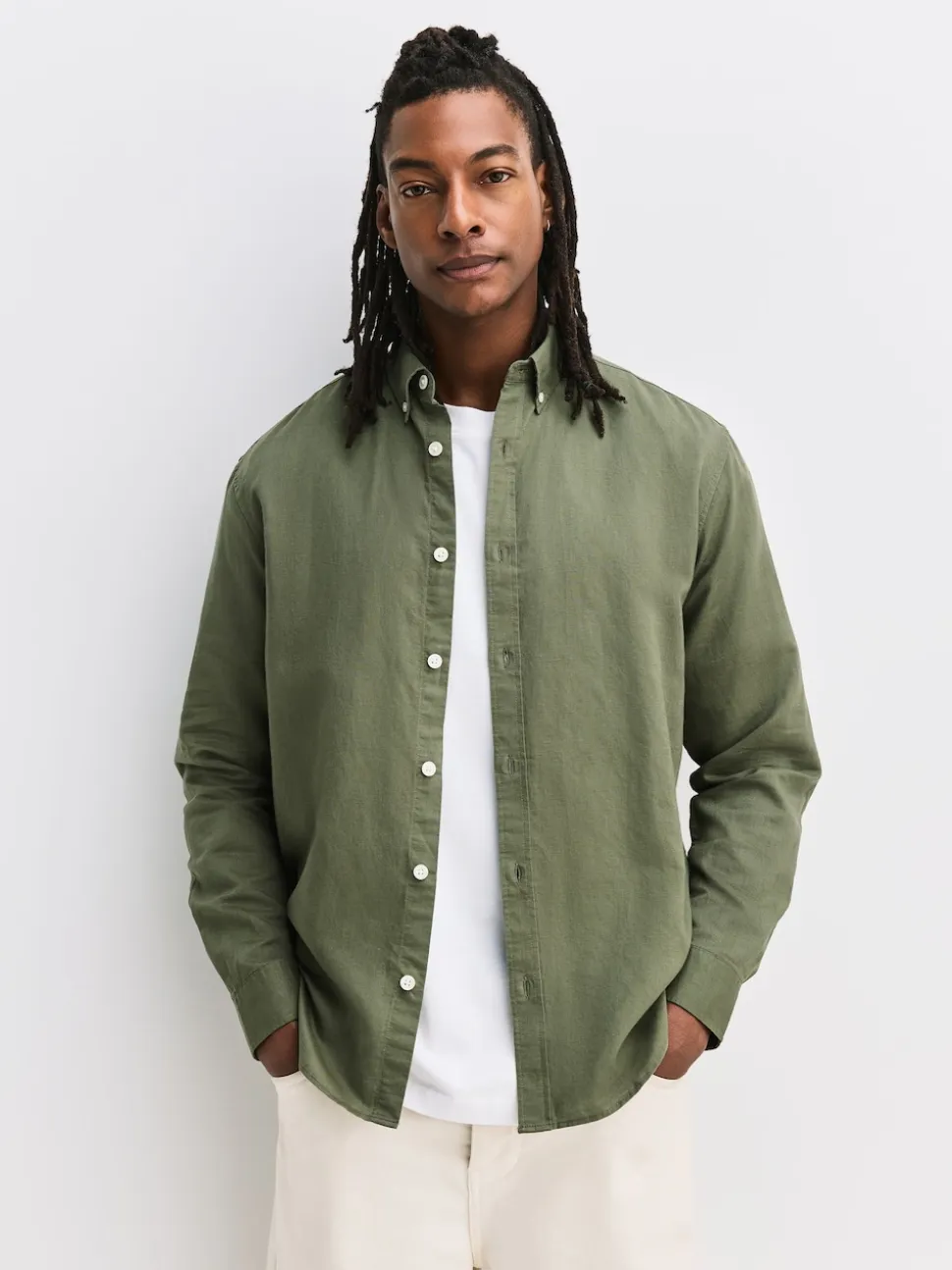 Green Cotton Linen Blend Long Sleeve Shirt