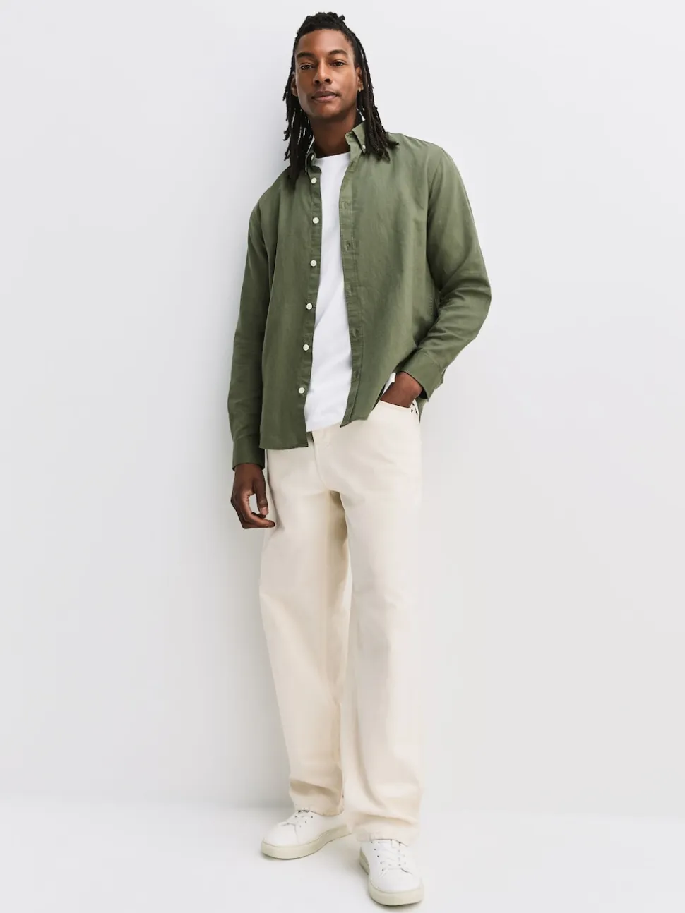Green Cotton Linen Blend Long Sleeve Shirt