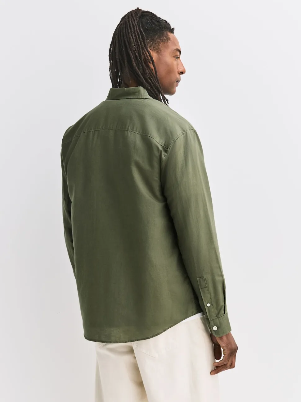 Green Cotton Linen Blend Long Sleeve Shirt